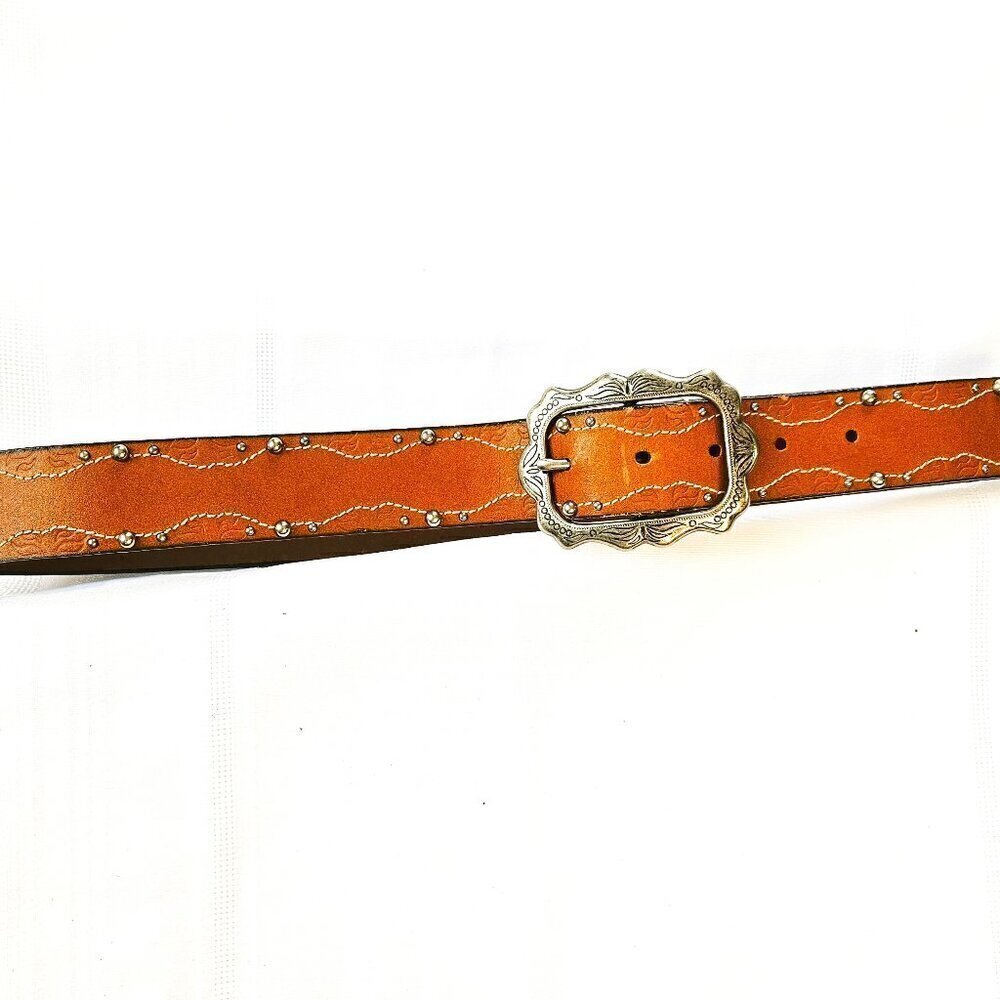 Faded Glory Women's Western Cowgirl Tan Studded Belt Vintage Buckle